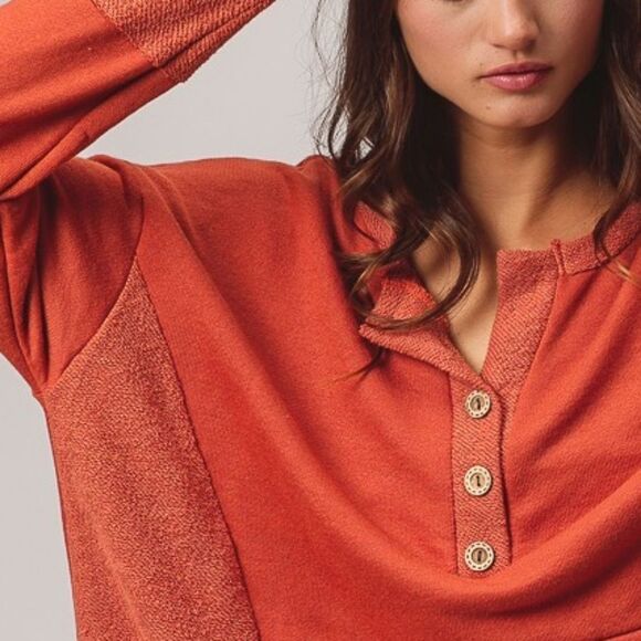 BiBi French Terry Knit Cozy Henley Long Sleeve Thumbhole Top Sz Large - Picture 5 of 11